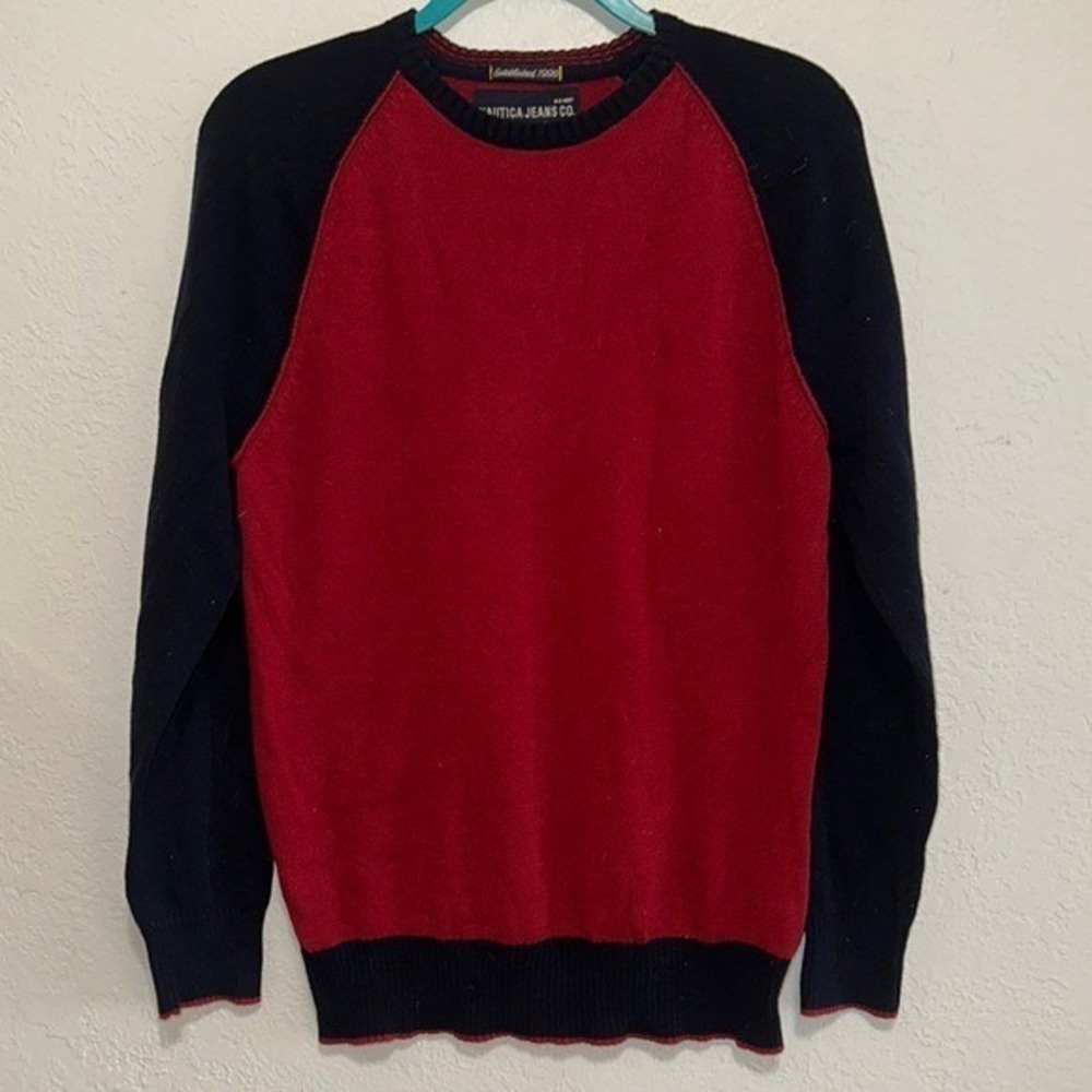 Nautica Jeans Co Mens Small Red Navy Blue Colorblock Raglan Crewneck Sweater